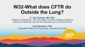 Screen Grab of a YouTube Video - Clip art mountains in the background with "W32-What does CFTR do Outside of the Lung" title. 